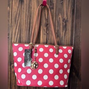 Bueno Pink and White Polka Dot Tote Bag with Leather Handles